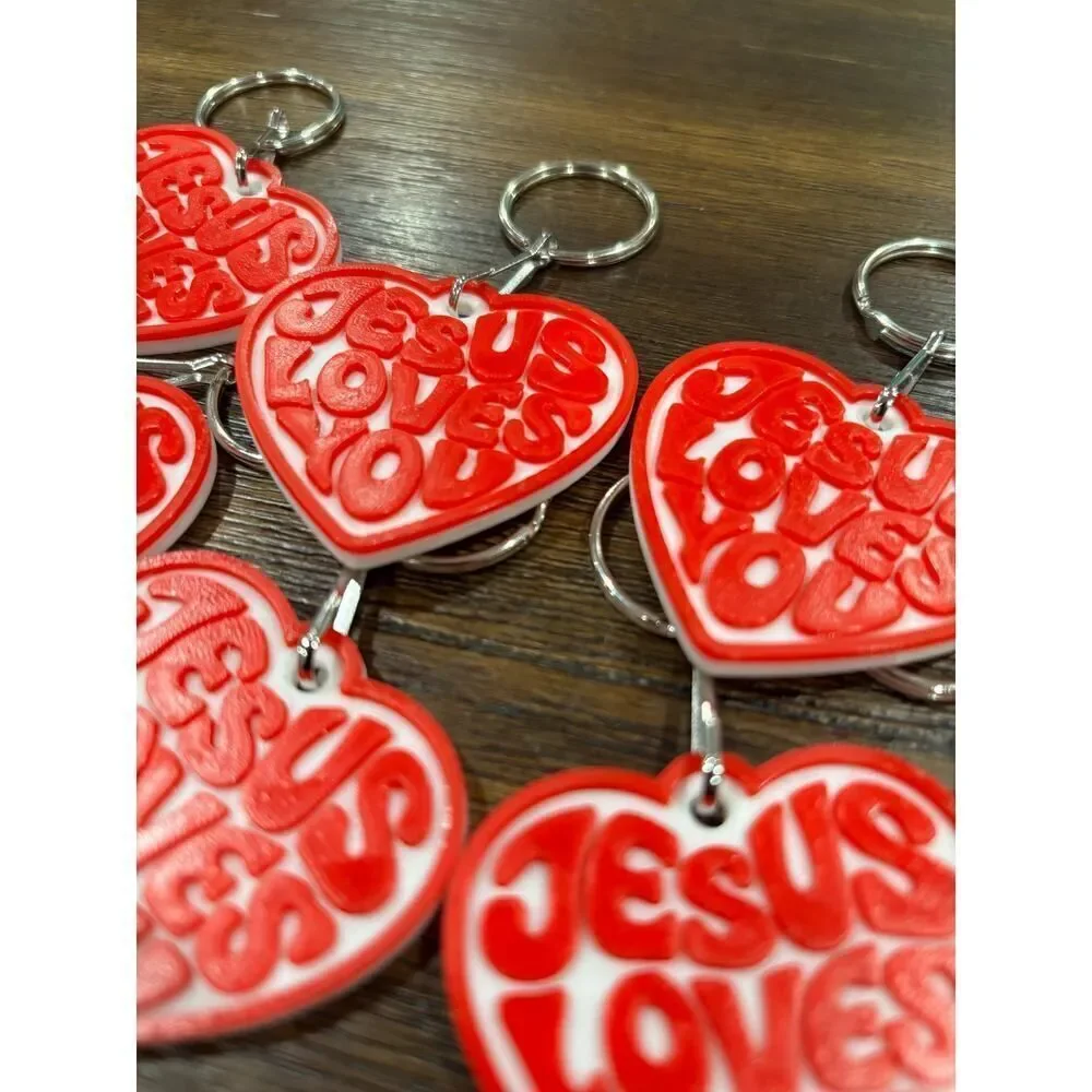 Jesus Loves You Heart Keychain | Red White Retro Christian Faith Gift (10 Pack)